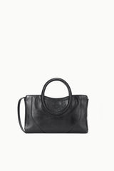 Black mini satchel bag with curved top handles and structured rectangular shape
