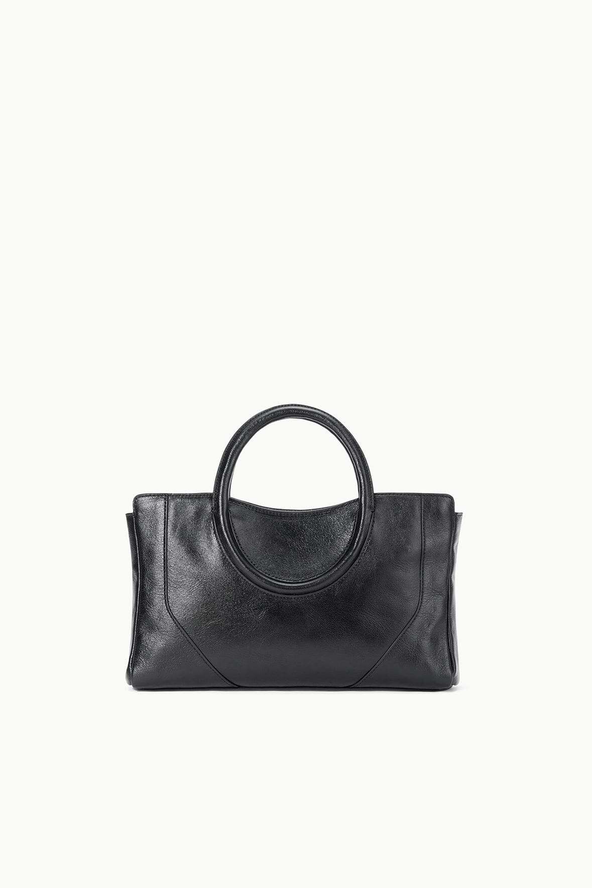 Black mini satchel bag with twin handles, flat front panel, and short side accents
