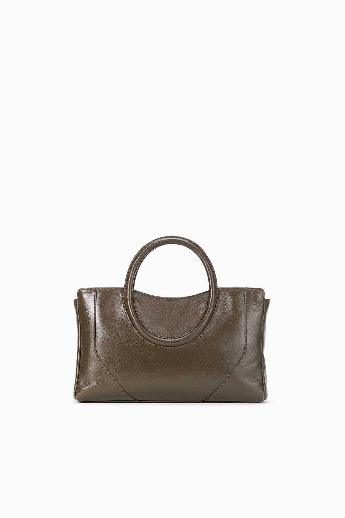 Truffle brown mini satchel front view with oval handle and clean structured panels