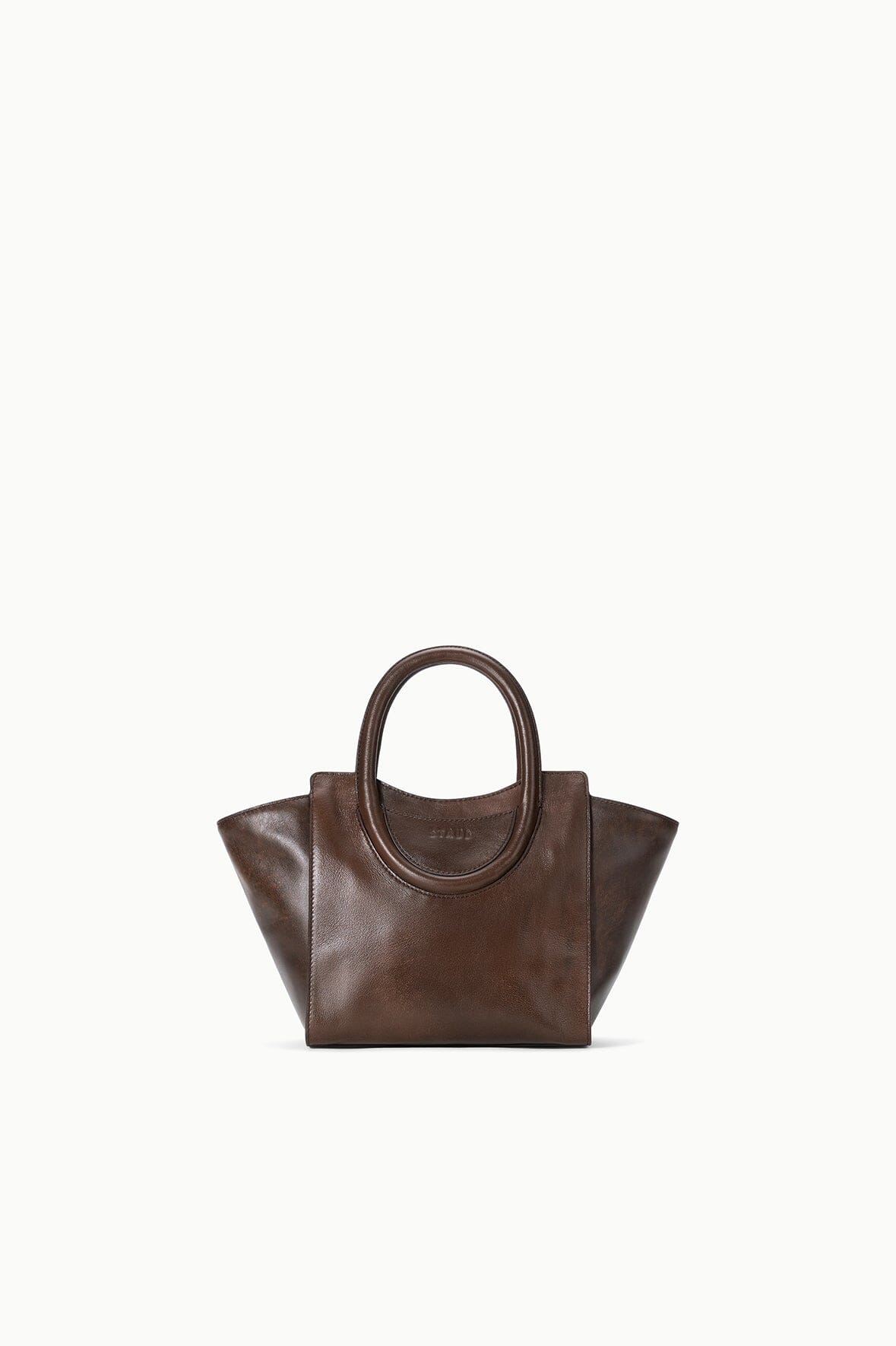MAUDE mini tote, espresso distressed brown, compact shape with curved double top handles