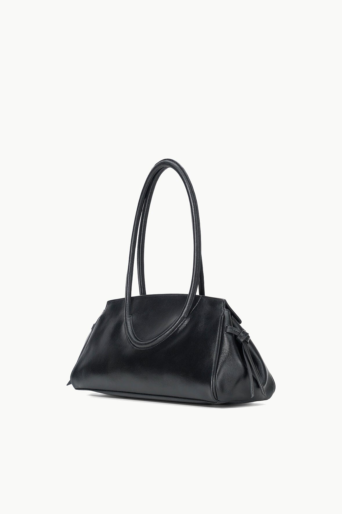 Black shoulder bag with curved top handles and side ruching