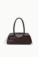 Espresso croc-embossed shoulder bag with top handles and structured front