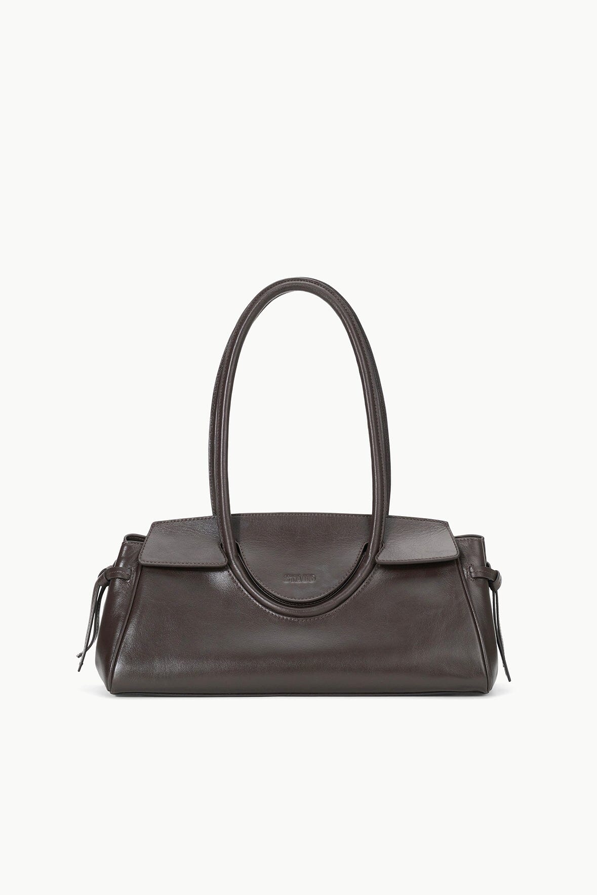 Espresso-brown leather shoulder bag, structured shape with oval top handles