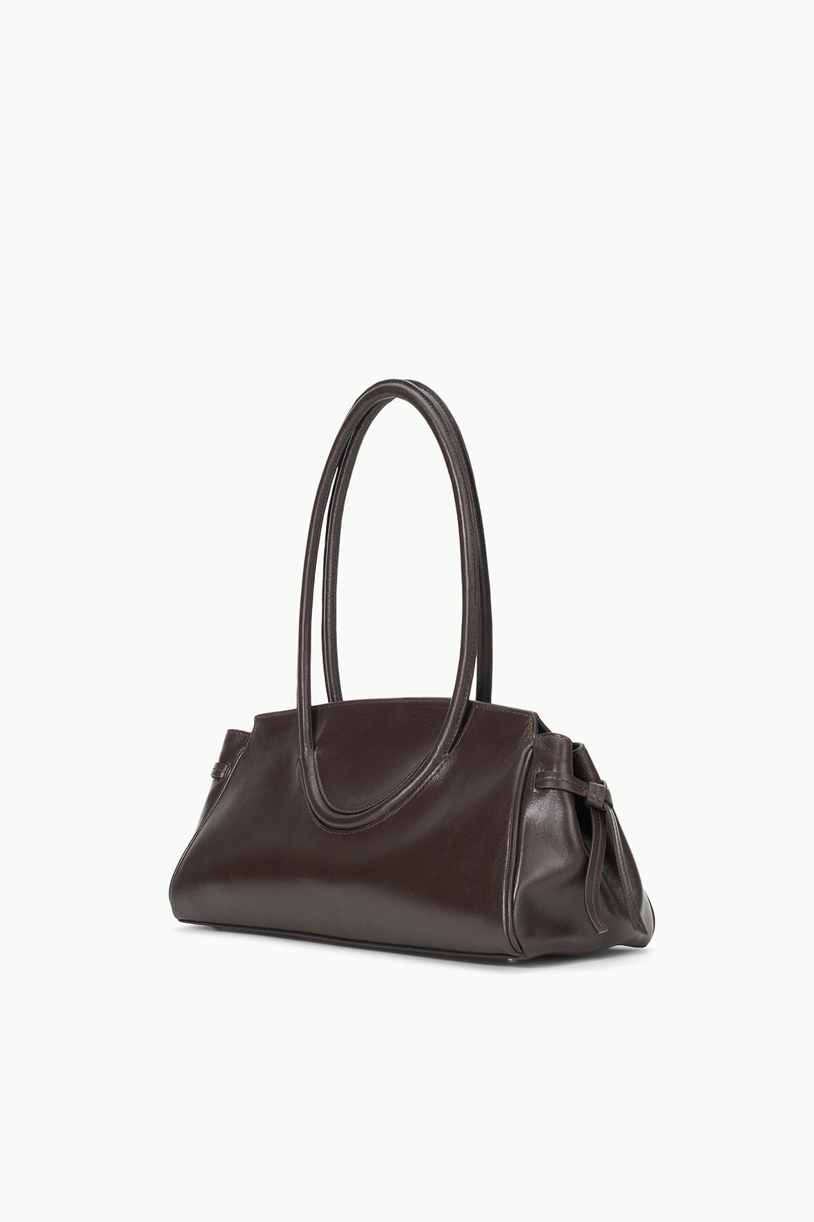 Espresso-brown leather shoulder bag with top handles and side fold detail