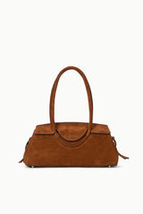 Tabac suede shoulder bag with top handles and curved opening seam
