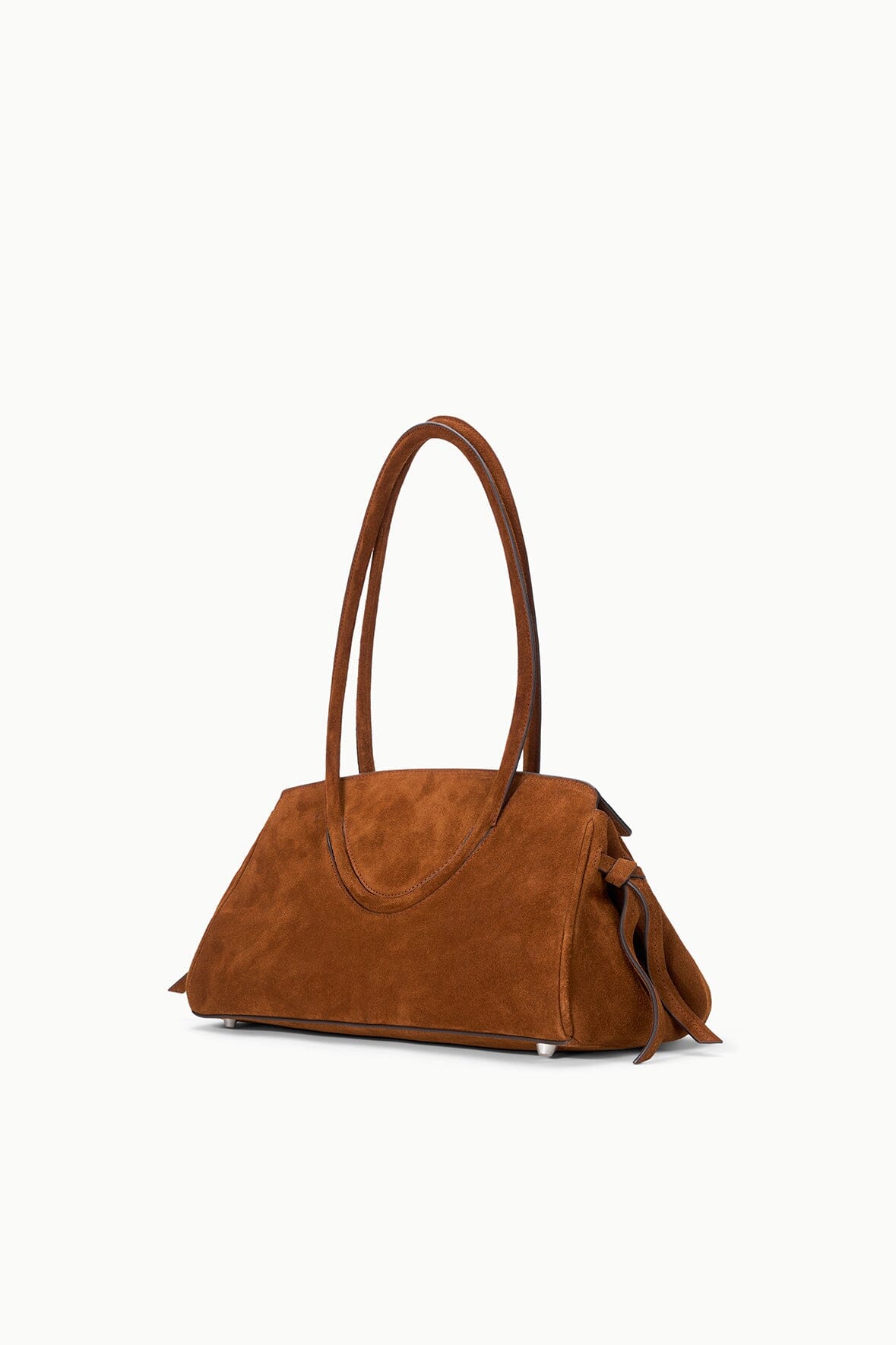 Tabac suede shoulder bag angled view with side tassel detail