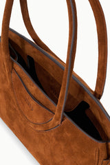 Tabac suede shoulder bag interior opening with side pocket and open lining