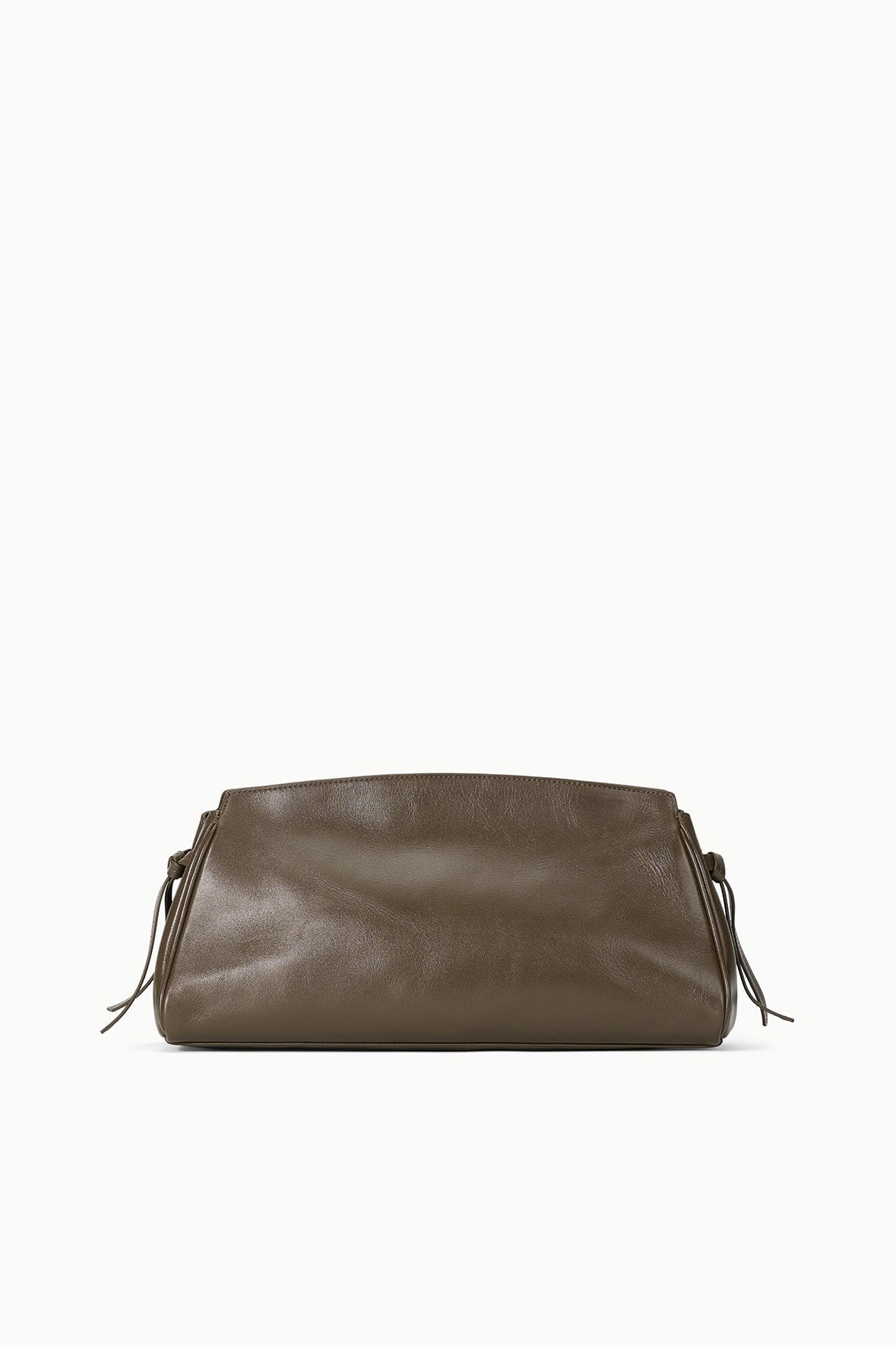 Truffle-brown soft clutch with drawcord sides and top zipper, front view
