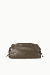 Truffle-brown soft clutch with drawcord sides and top zipper, front view
