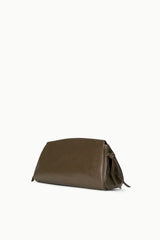 Truffle-brown soft clutch with top zipper and minimal hardware, side view