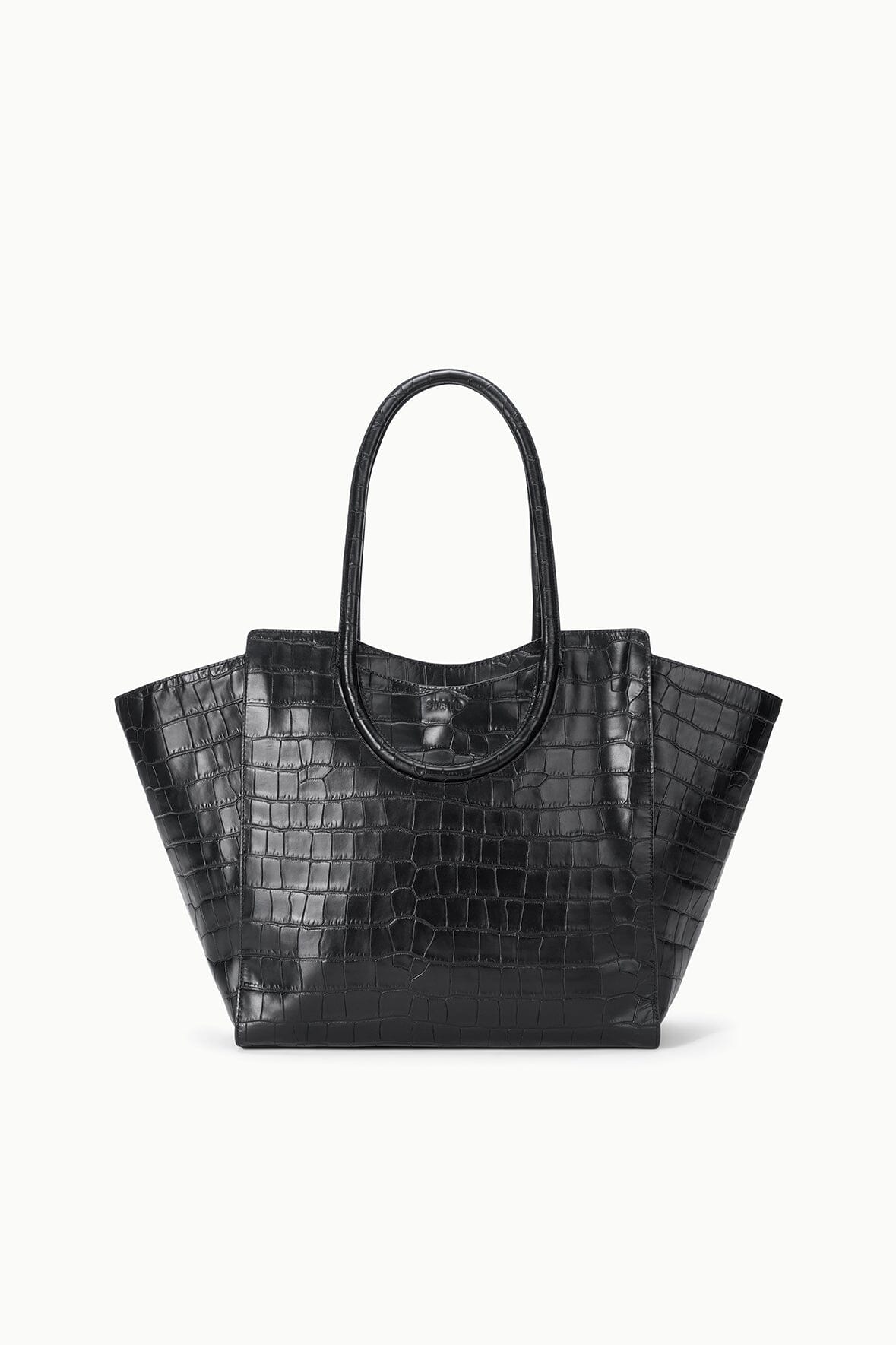Black croc-effect leather tote bag with double top handles and structured shape.