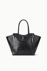 Black croc-effect leather tote bag with double top handles and structured shape.