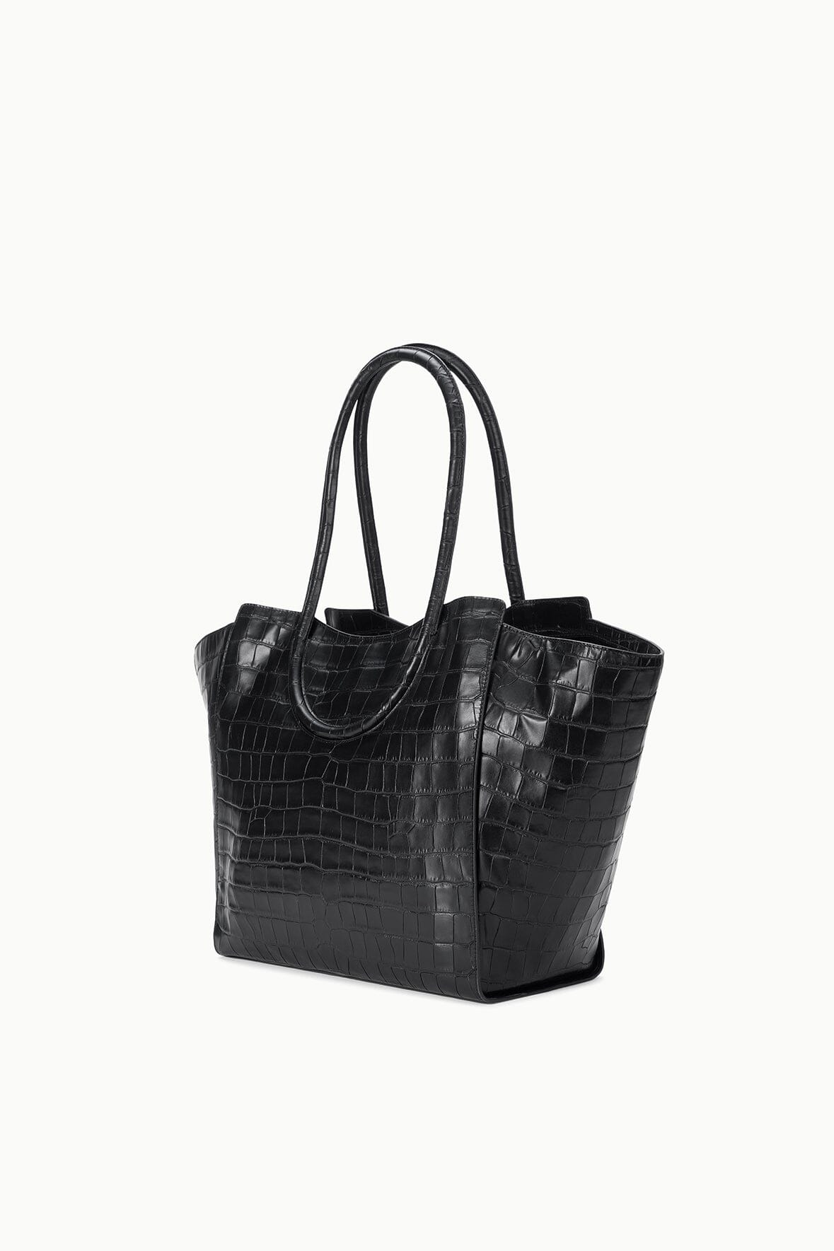 Black croc-effect leather tote bag with double handles and boxy silhouette.