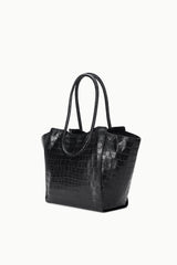 Black croc-effect leather tote bag with double handles and boxy silhouette.