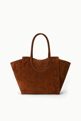Suede tote bag in tabac brown with two top handles and open top