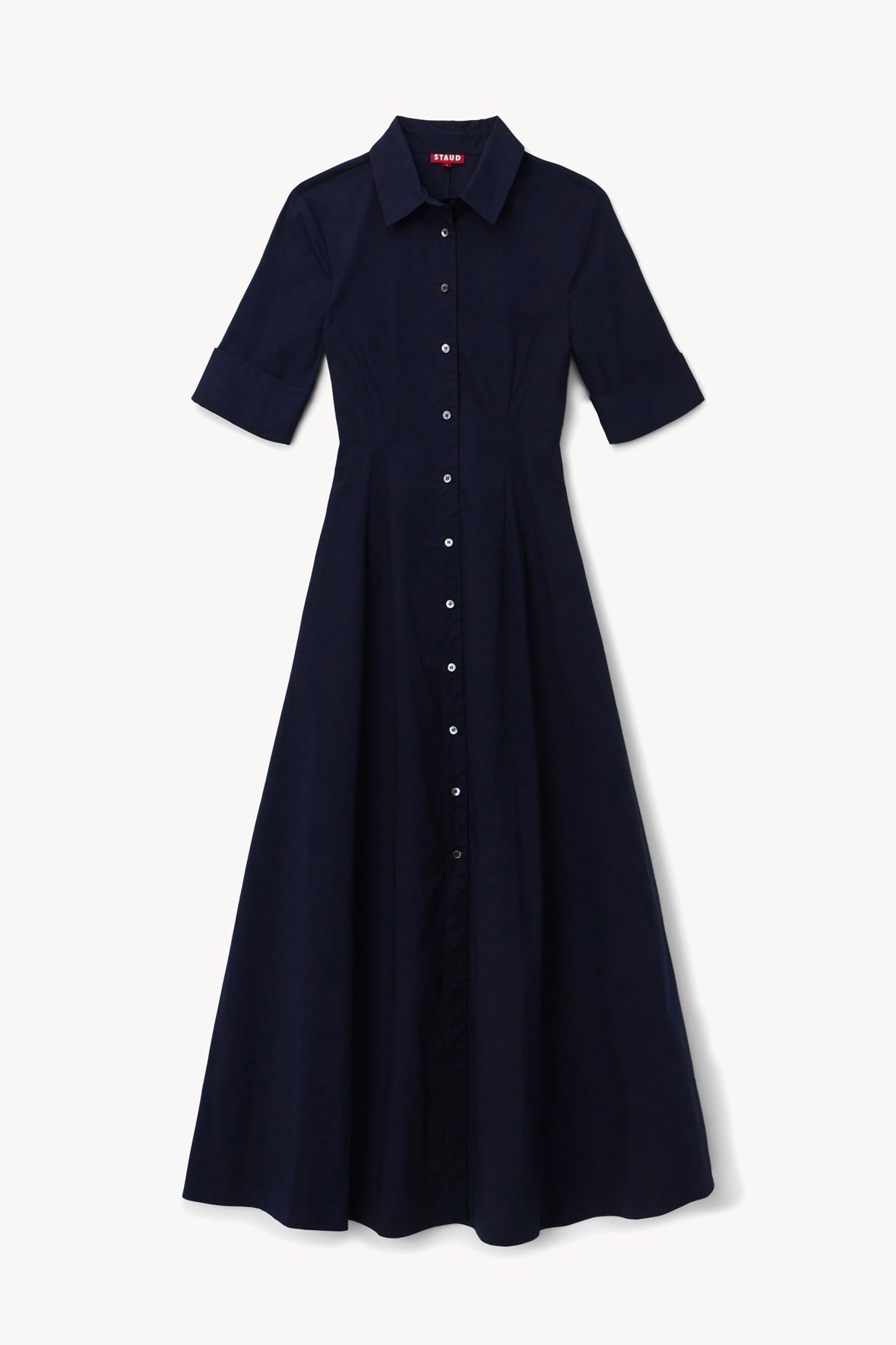 Navy maxi shirt dress with collar, short sleeves, button front