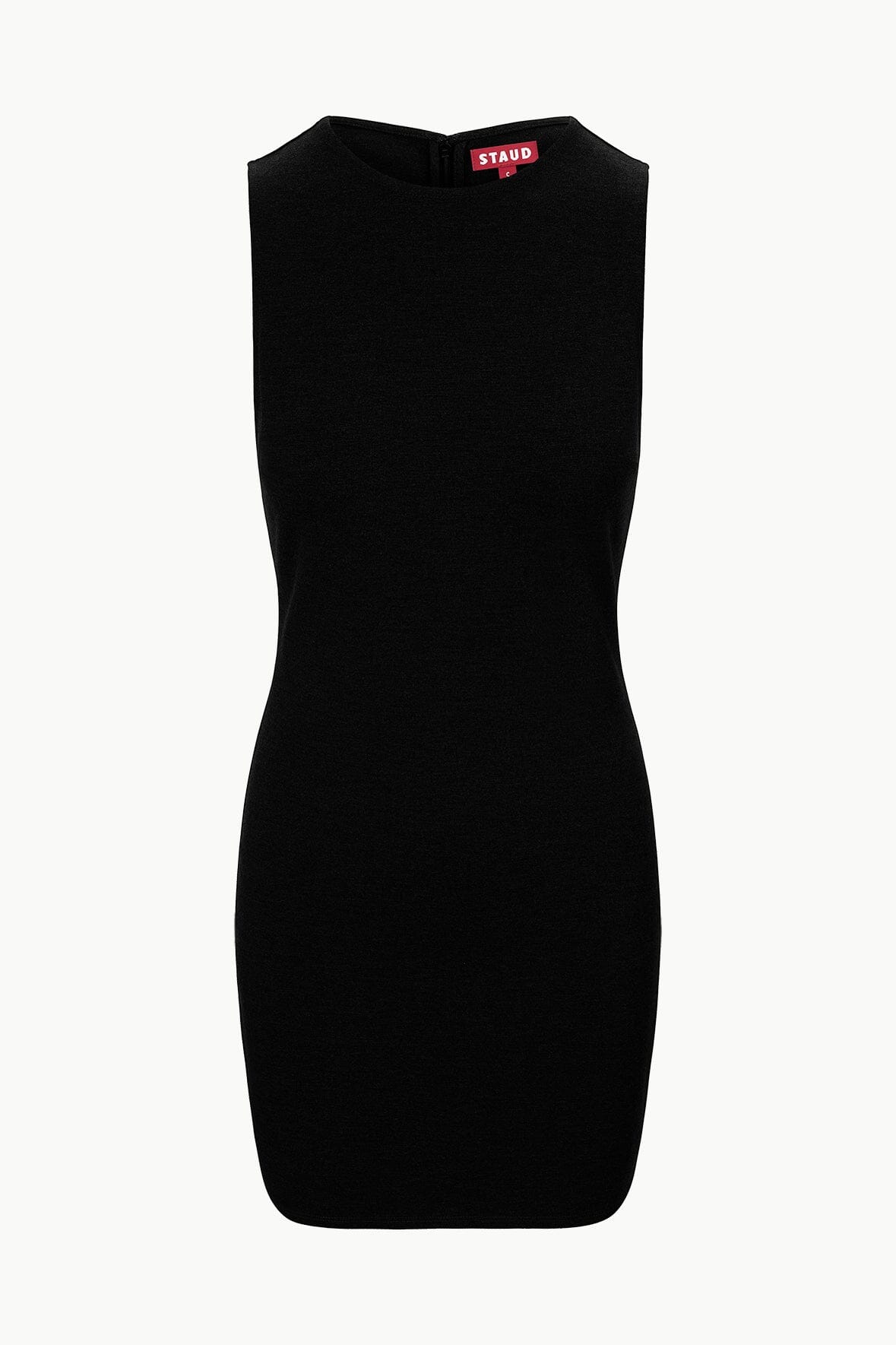 MERCER black sleeveless mini dress, crew neck and straight body silhouette