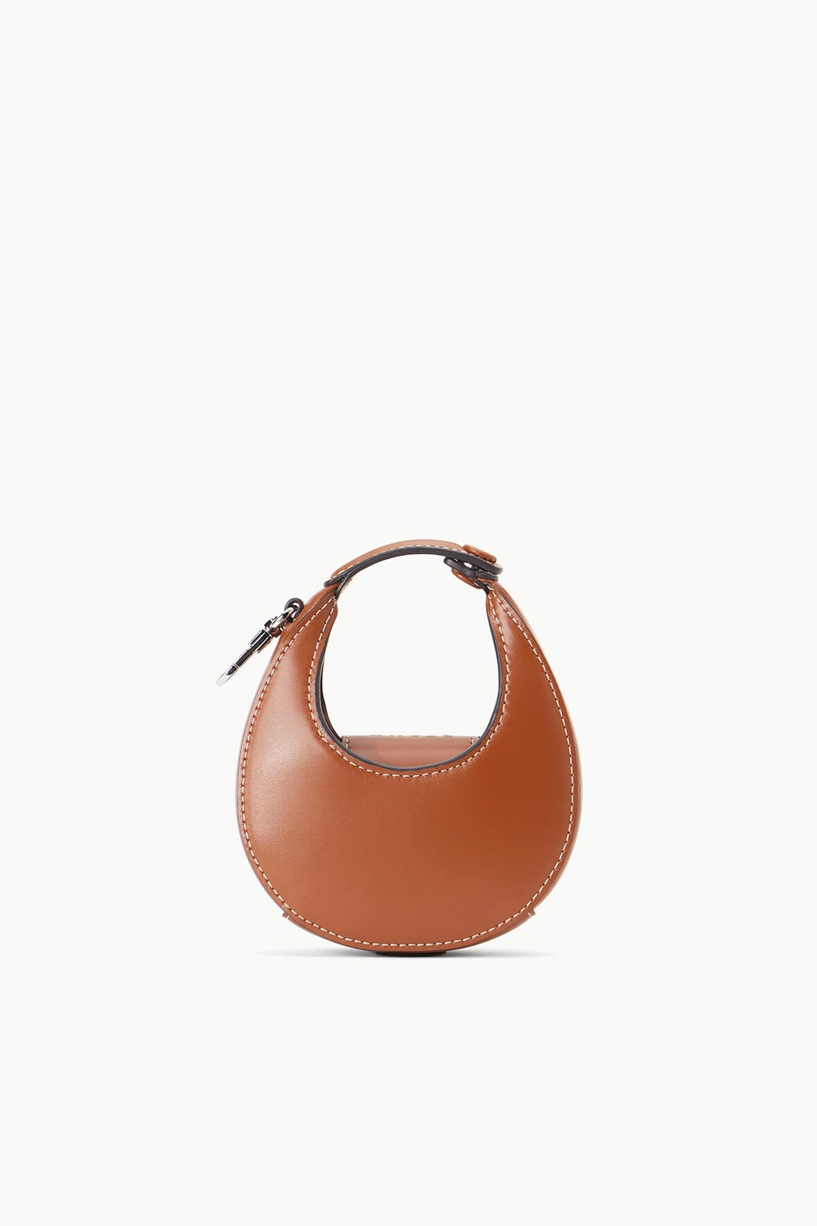 Tan micro moon poop bag carrier with top handle and stitched loop opening