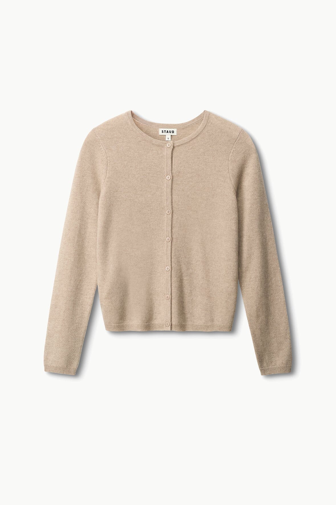 Stone cashmere cardigan with button front and crew neckline