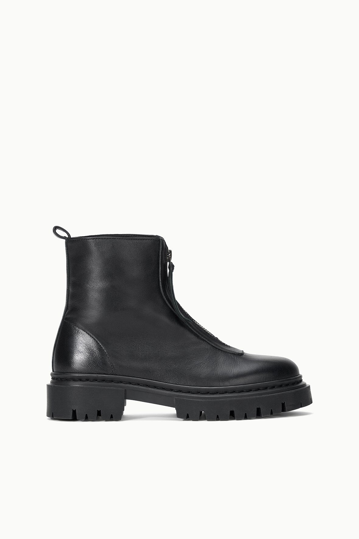 Black ankle zip boot with chunky lug sole and side zipper.