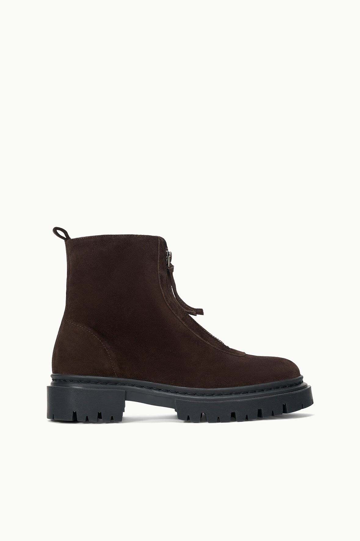 Espresso suede zip ankle boot with chunky black lug sole