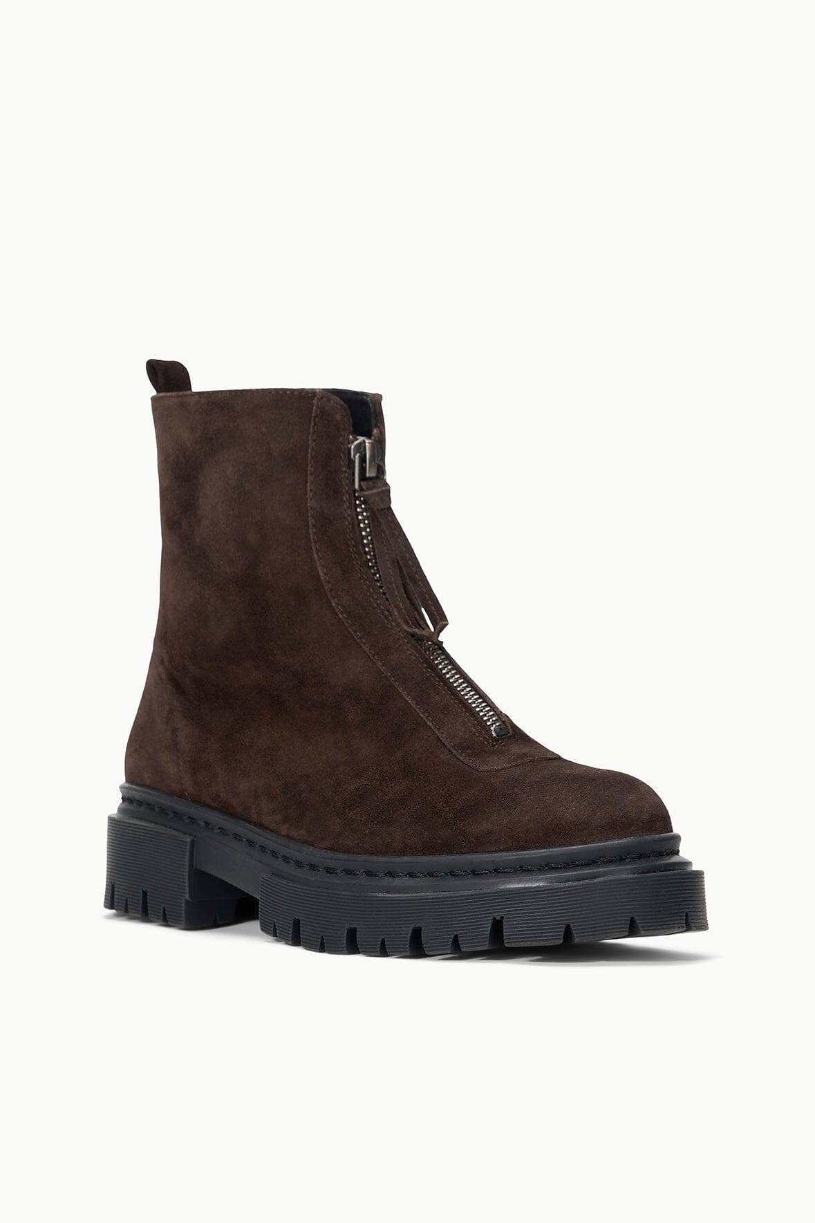 Espresso suede ankle boot with side zipper and chunky black lug sole