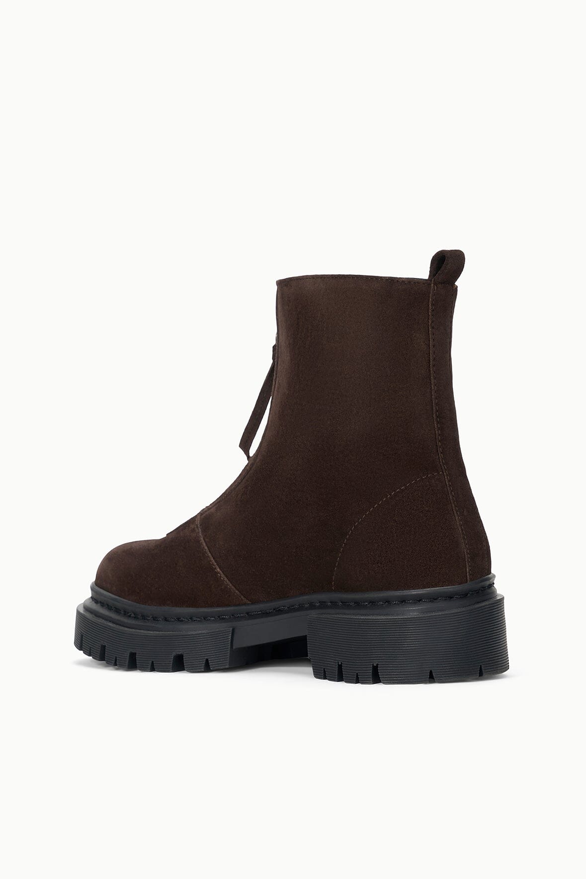 Espresso suede ankle boot with elastic gore and chunky black lug sole
