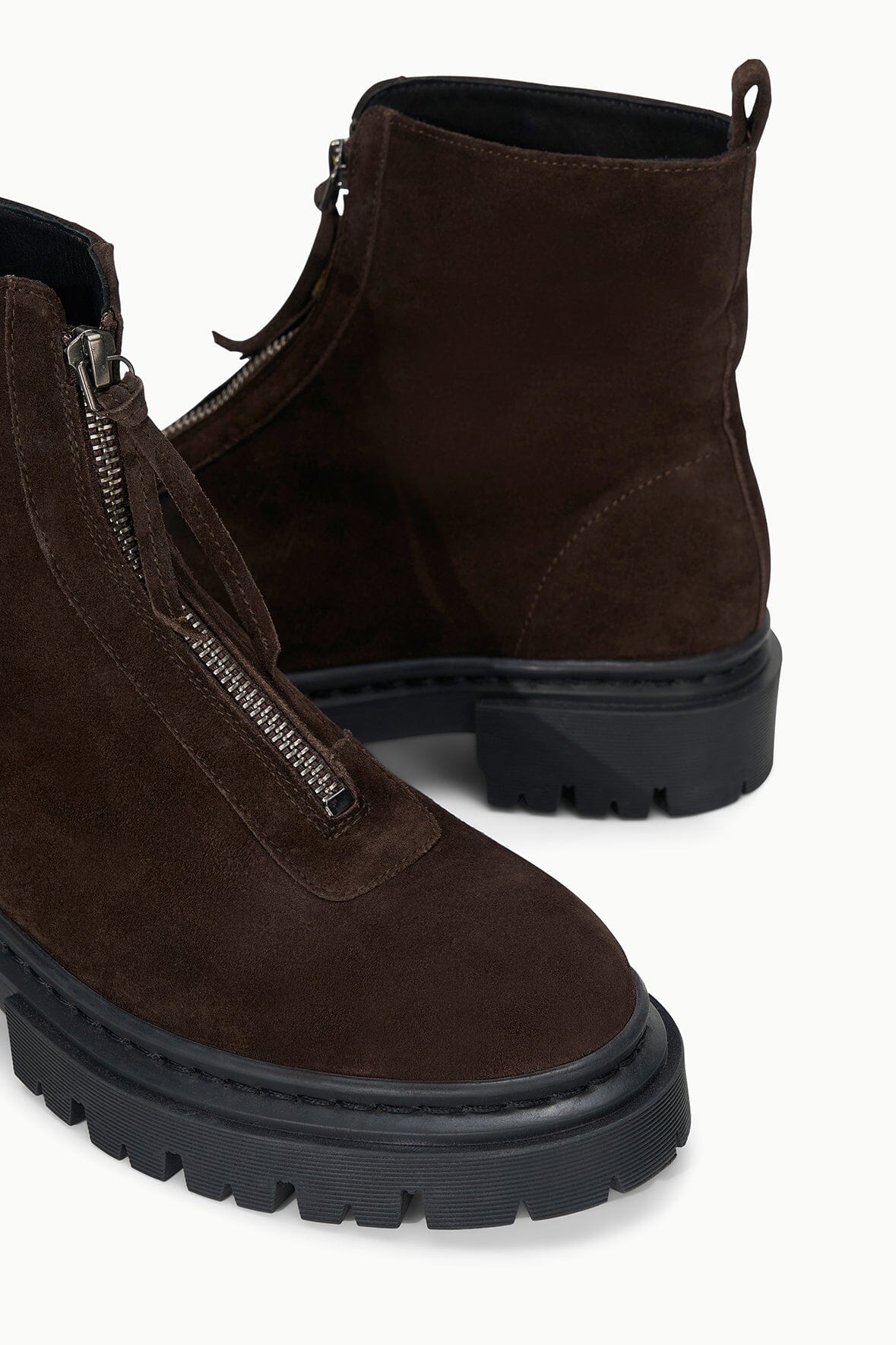 Espresso suede ankle boots with side zipper and cushioned collar