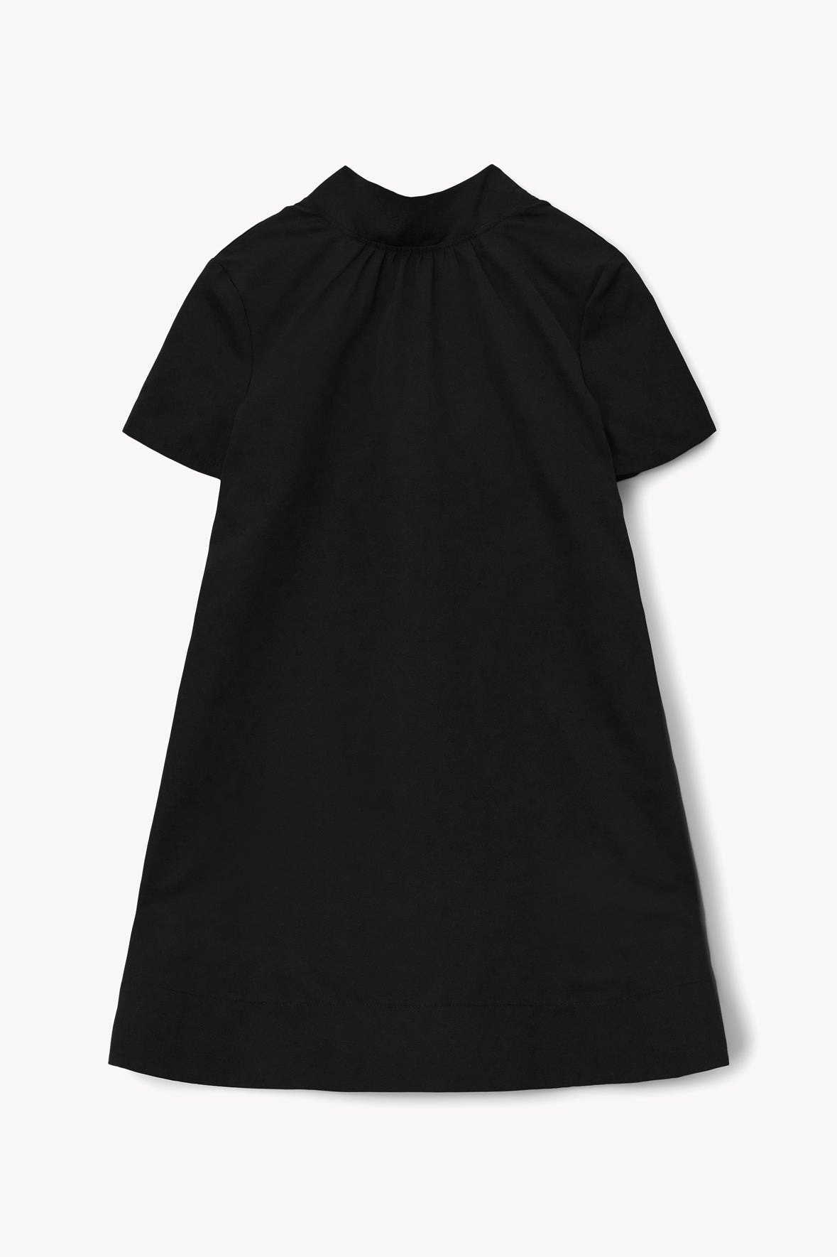 Black mini dress with high neck, short sleeves, and gathered yoke