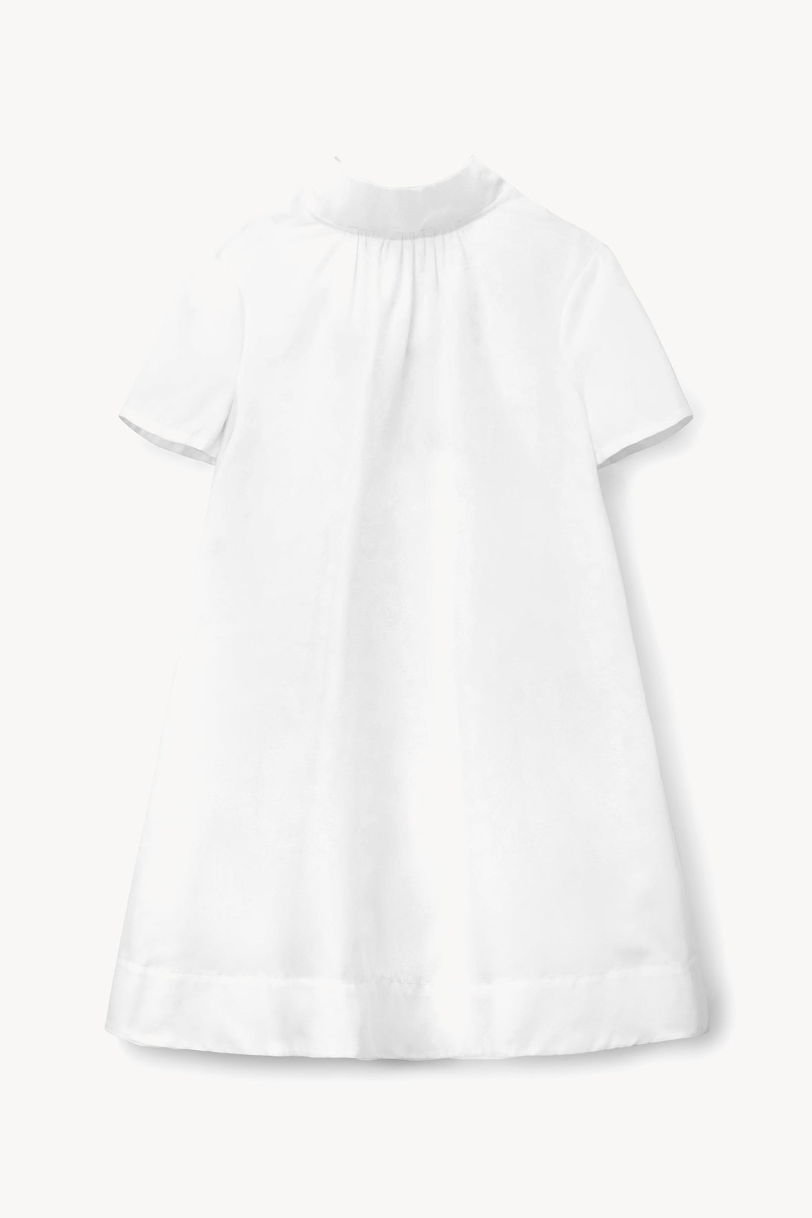 White mini dress with ruffled high neck, short sleeves, and straight skirt hem