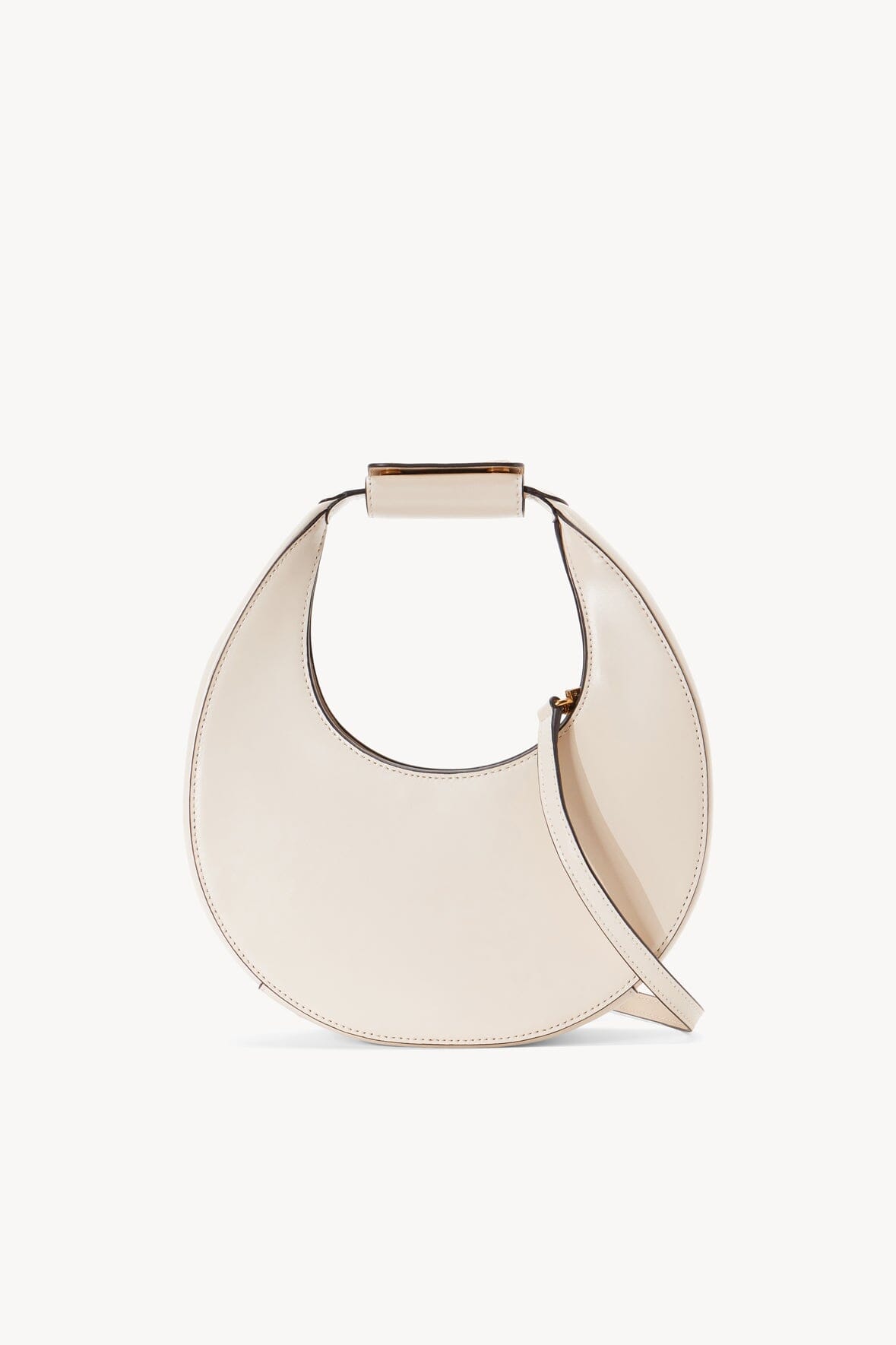 Cream mini moon bag with rectangular top closure and curved body