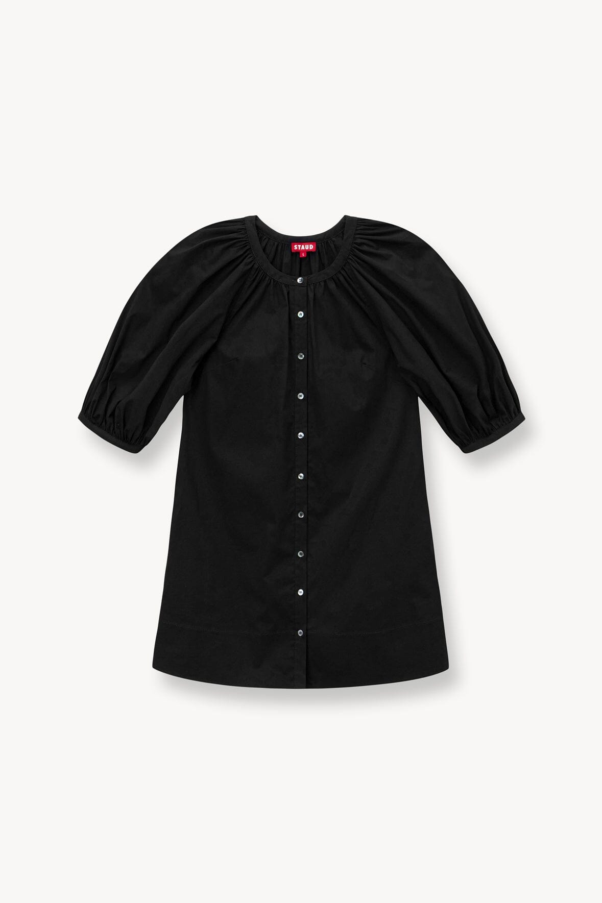 Black mini dress with gathered neckline, button front, and puff sleeves