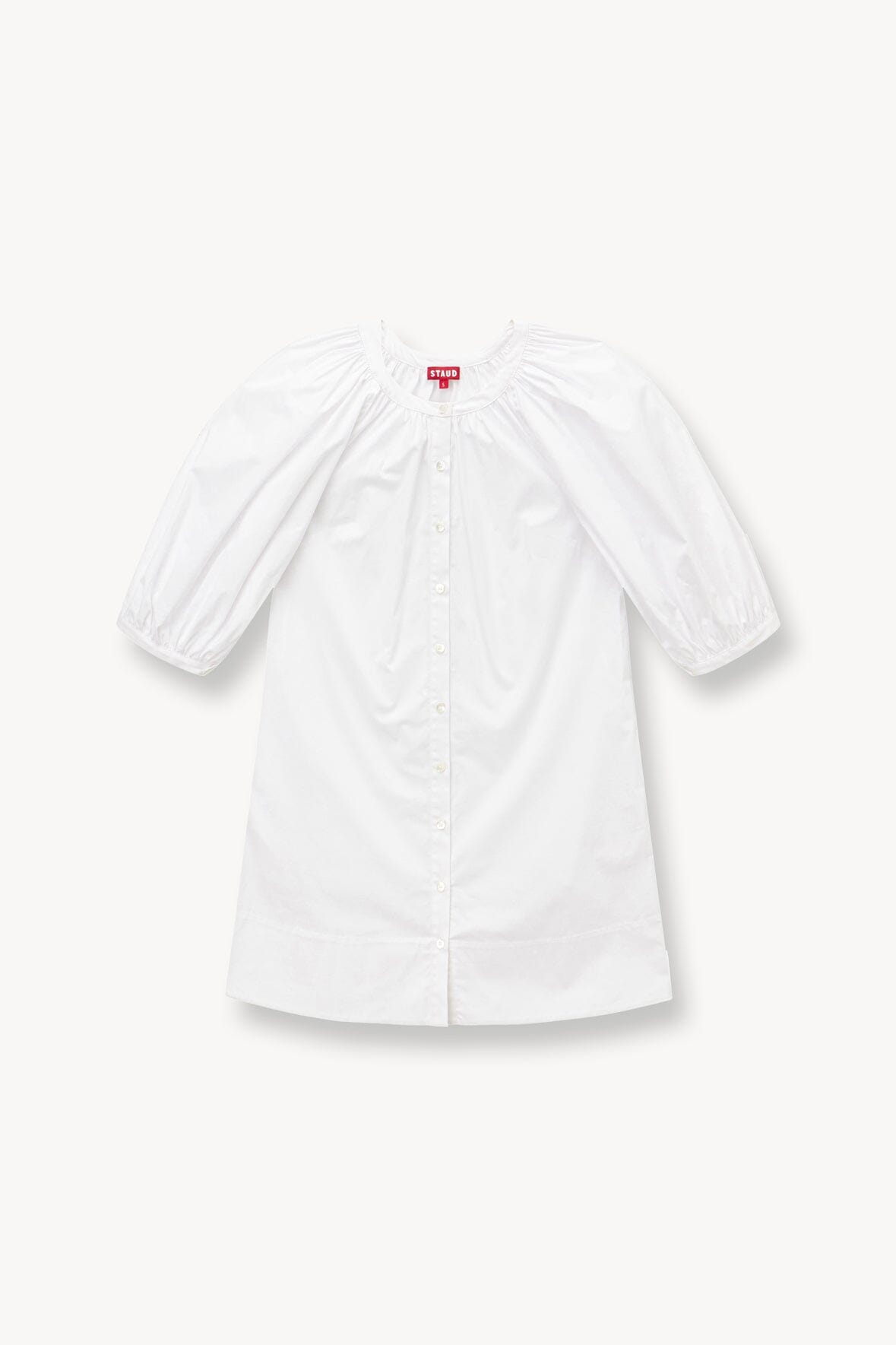 White mini puff-sleeve dress with V-neck button placket