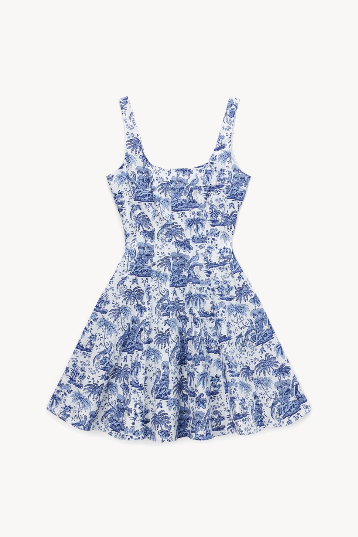 Blue toile sundress with square neckline, spaghetti straps, and tiered skirt