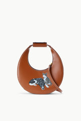 Tan mini moon bag with pet portrait patch and short shoulder strap