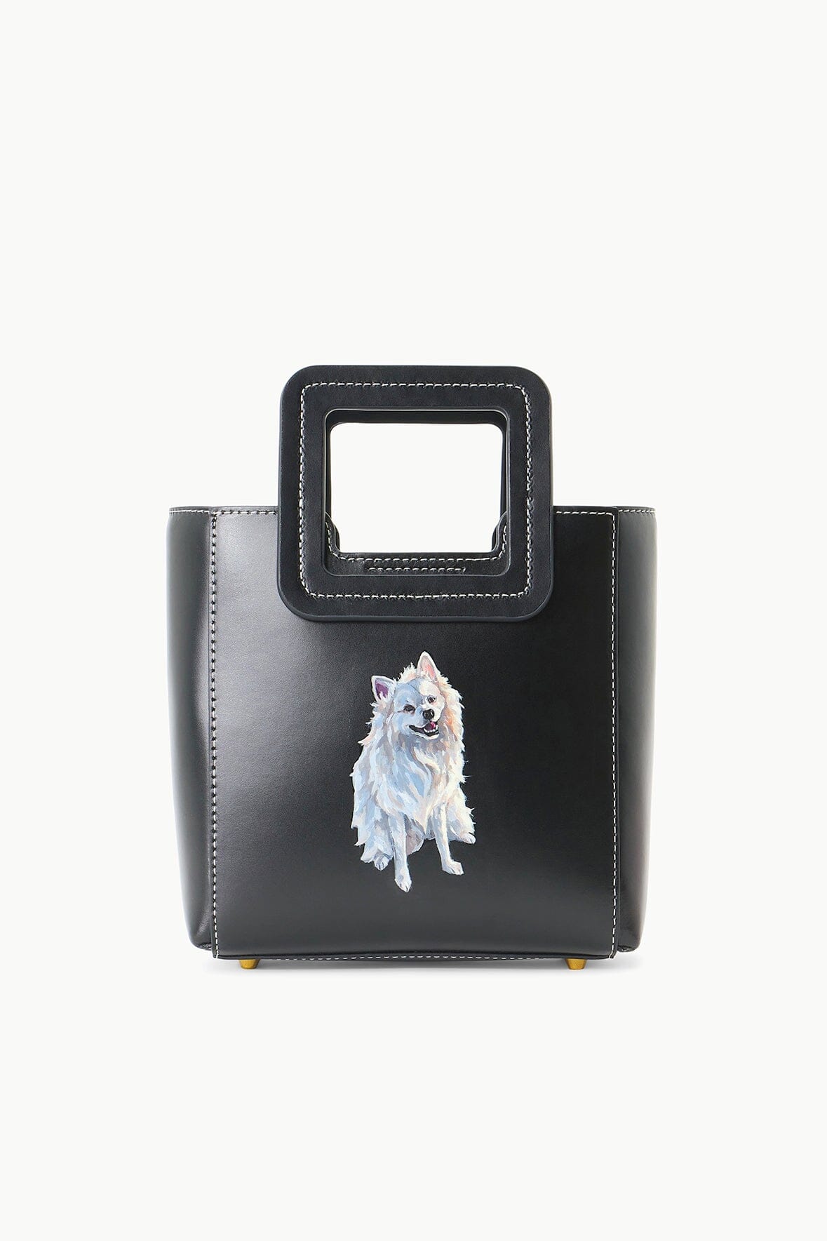 Black mini leather bag with square handle and custom pet graphic on front