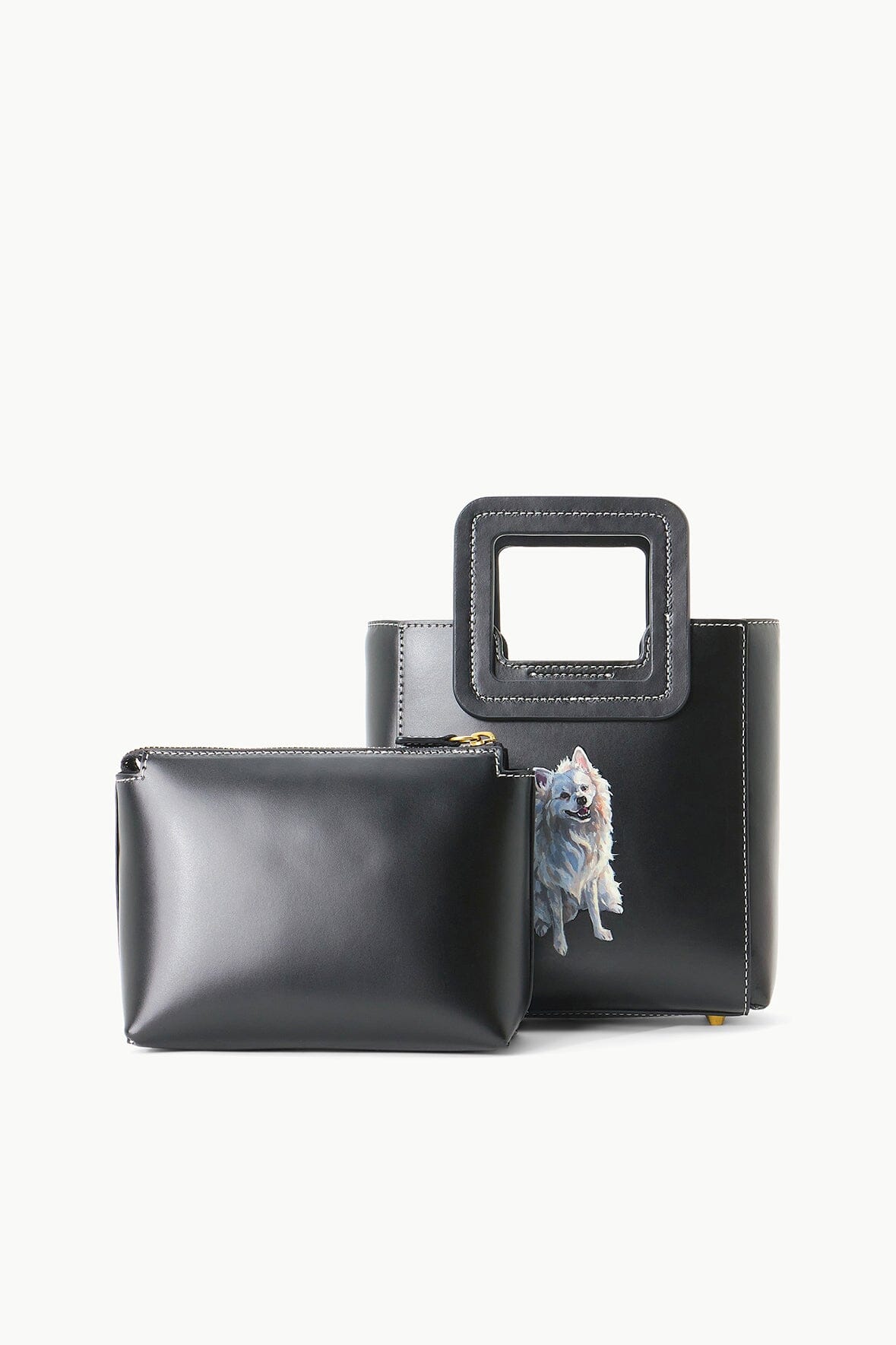 Black mini leather bag with side zipper pouch and custom pet graphic
