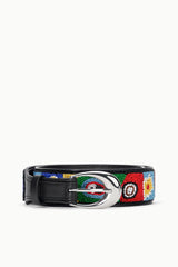 Beaded millefiori belt with black leather strap and silver oval buckle