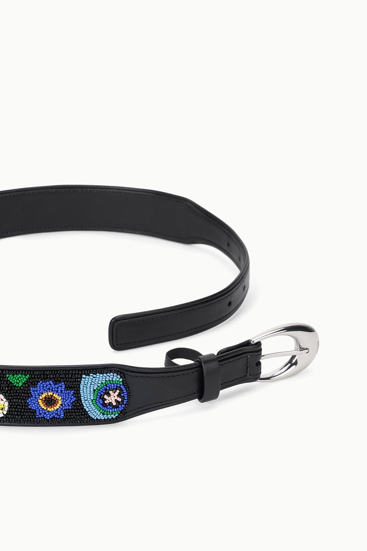 Black leather belt with beaded millefiori trim and silver buckle