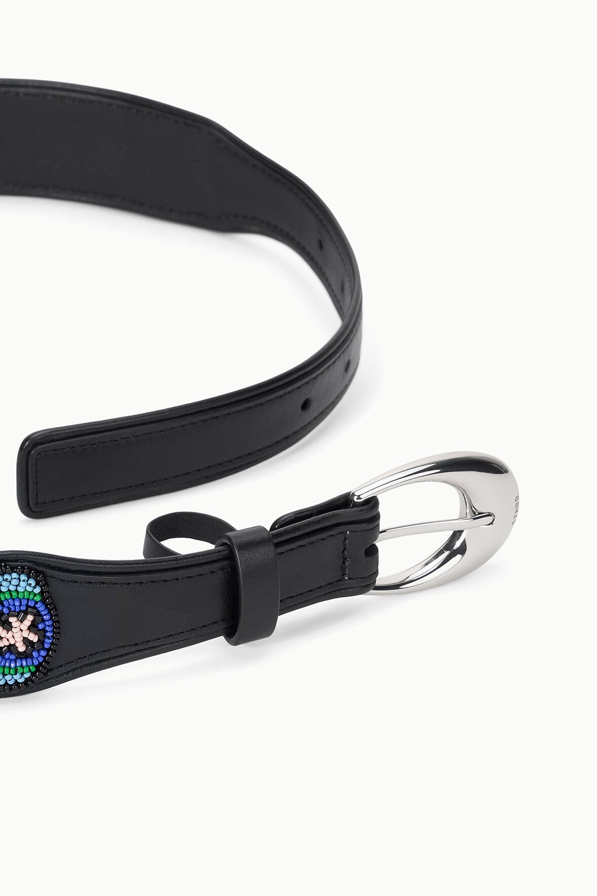 Black belt with beaded millefiori edge detail and silver-tone buckle