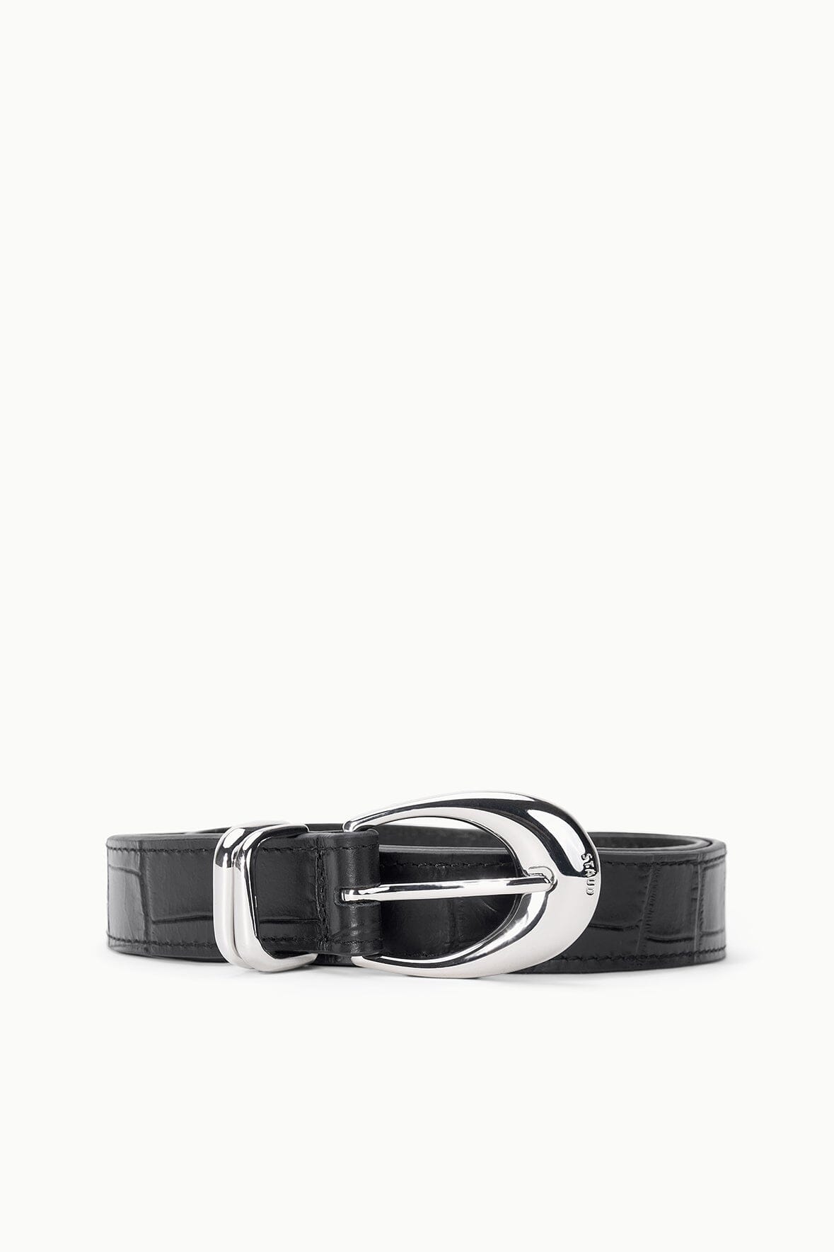 Black croc-texture belt with large polished chrome buckle and strap.