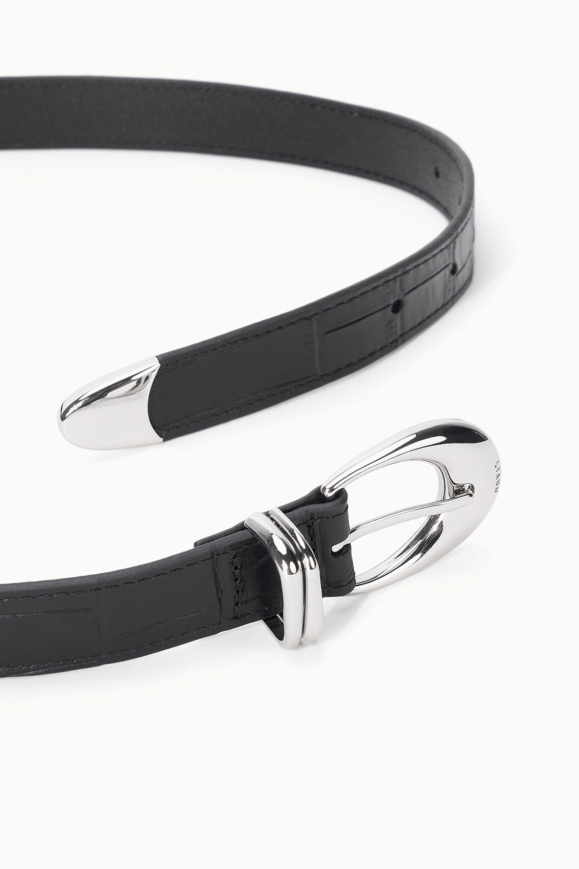 Black croc-texture belt strap with chrome buckle and keeper loop.