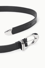 Black croc-texture belt strap with chrome buckle and keeper loop.
