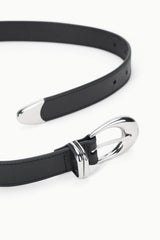 MOON METAL keeper belt, black leather strap with polished silver buckle detail