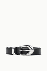 MOON METAL keeper belt, black leather with large silver buckle