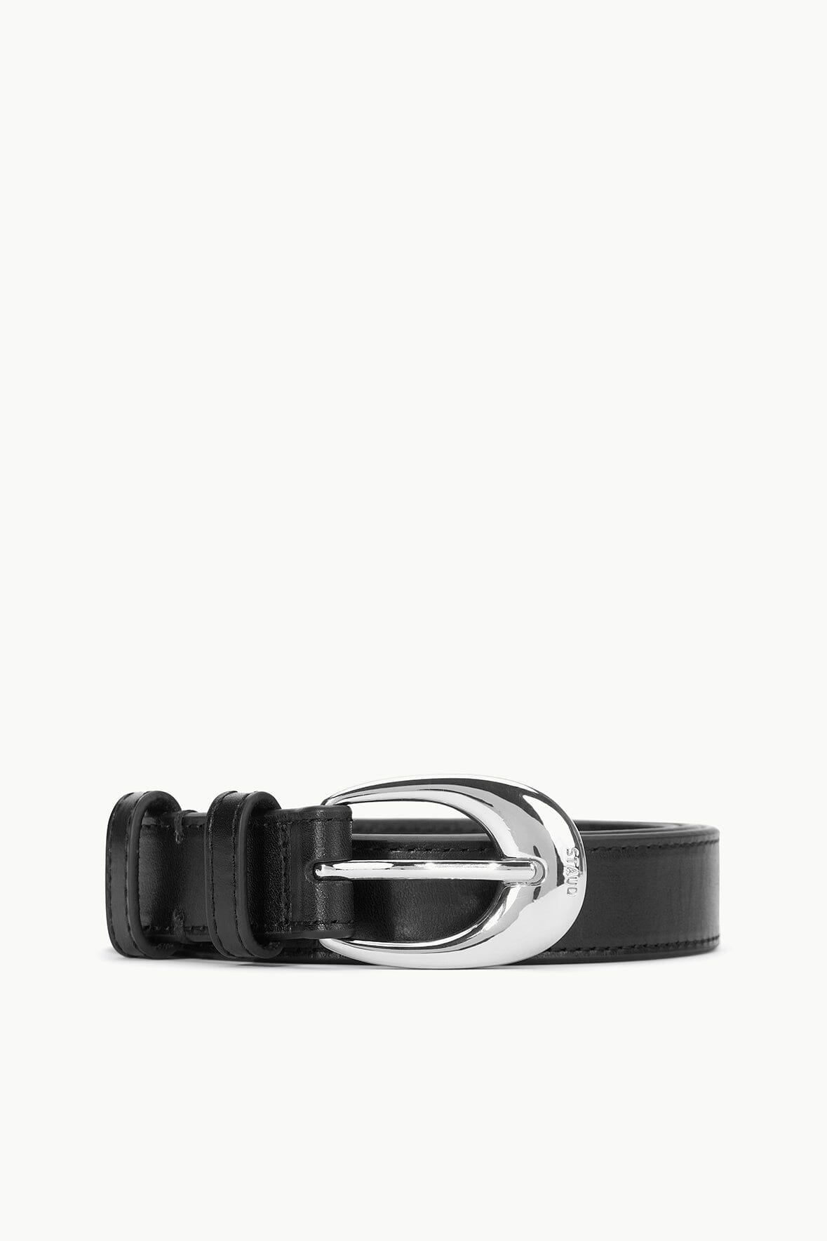 Black leather belt with silver buckle and multiple keeper holes