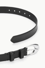 Black leather belt with silver buckle and stitched strap end detail
