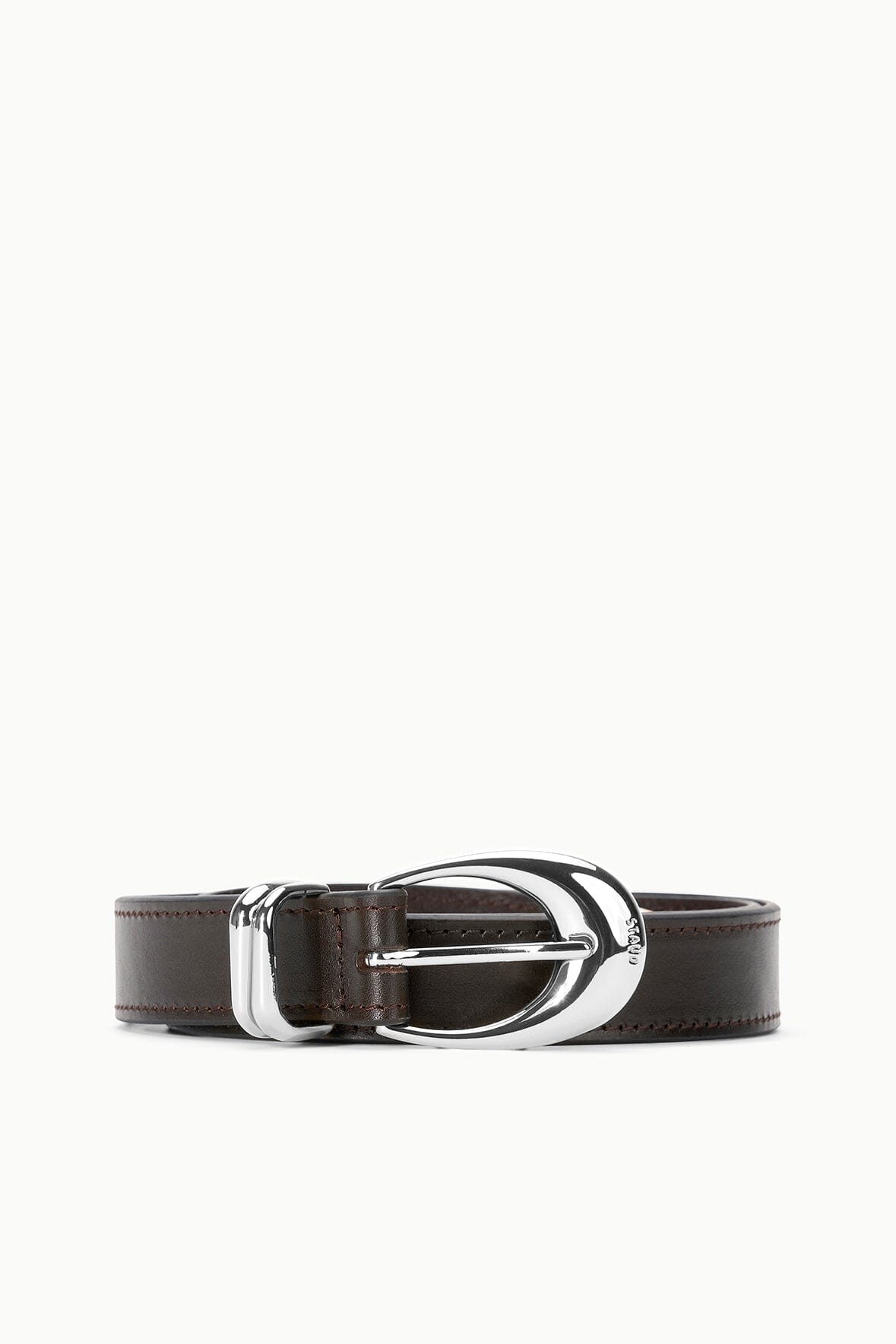 Espresso leather belt, 26 mm, with large oval metal buckle and keeper