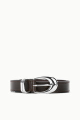 Espresso leather belt, 26 mm, with large oval metal buckle and keeper