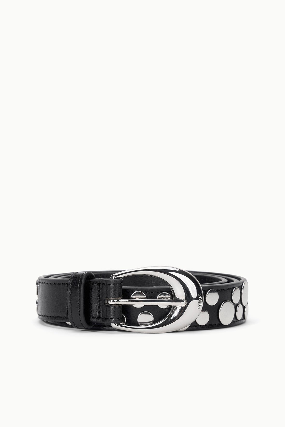 Black leather-look belt with silver moon buckle and round stud accents